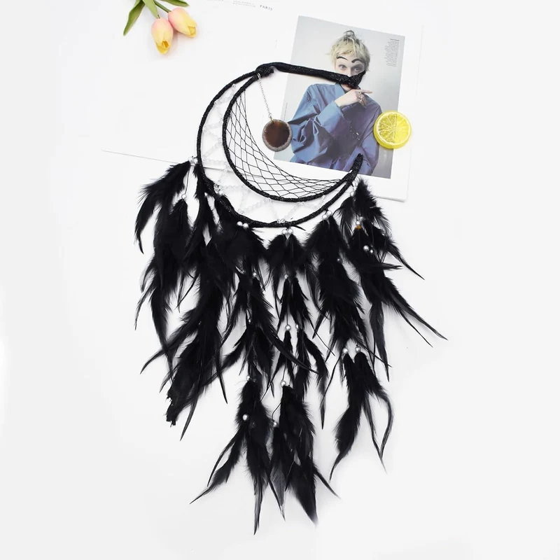 Traumfänger Feder Boho Wandbehang Schwarz - Handgefertigter Traumfänger