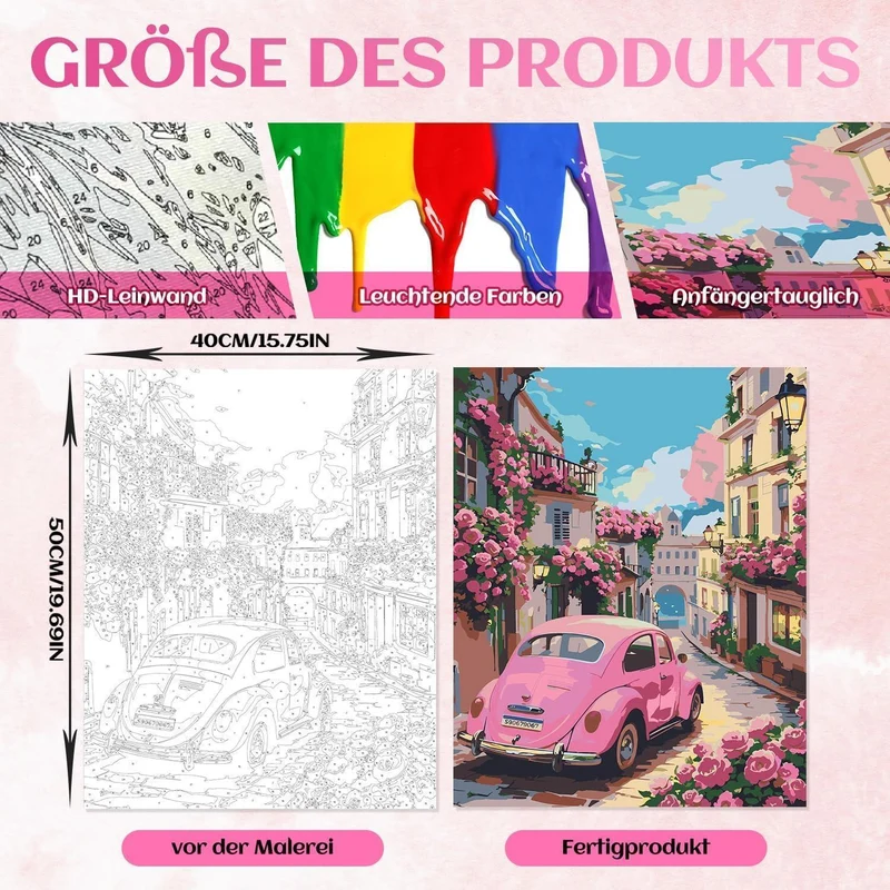 Malen nach Zahlen Rosa Auto mit Rosen, 40x50 cm Leinwand