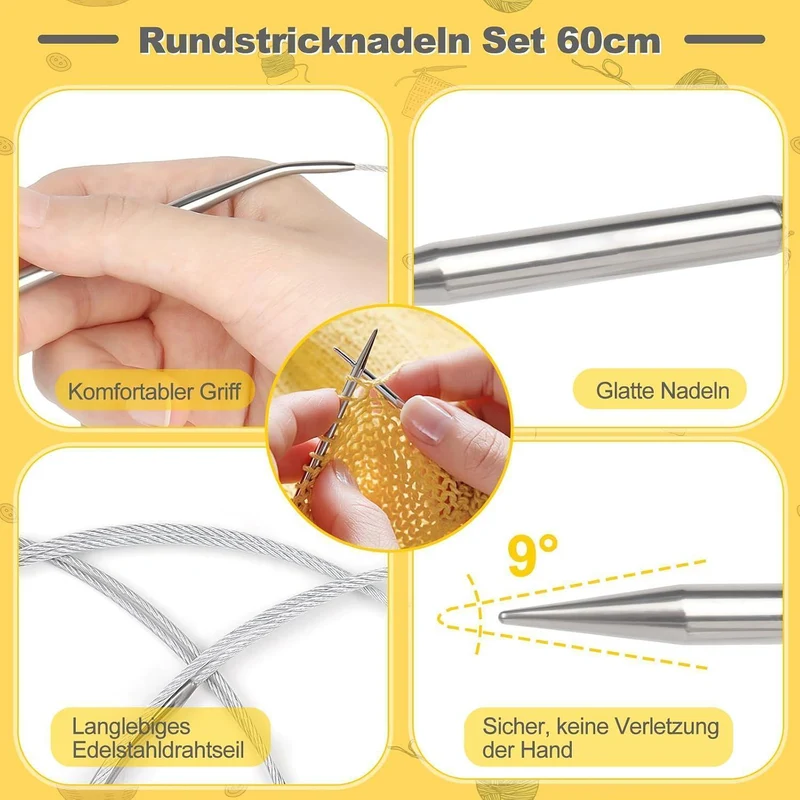 Rundstricknadel Set Edelstahl 80cm – 6 Größen (2,5-5,0mm)