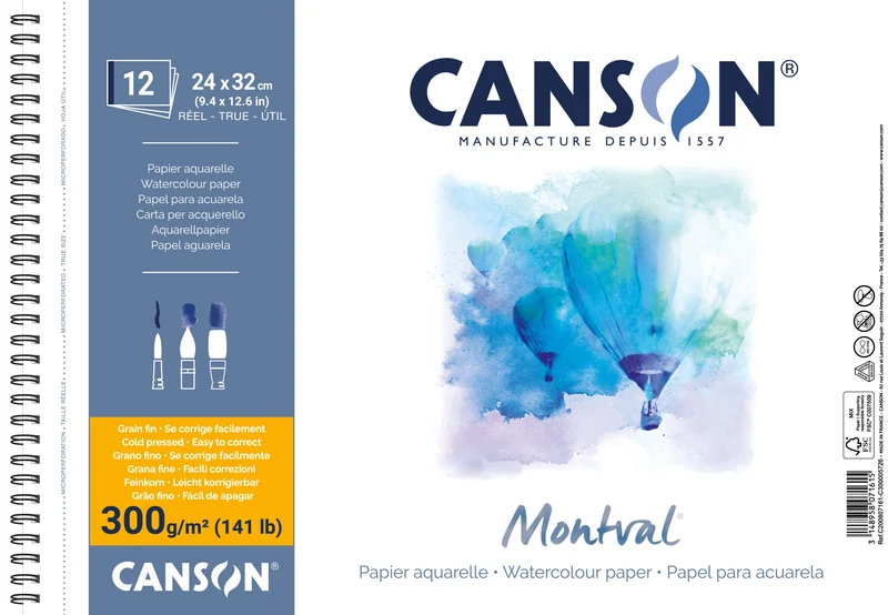 Μπλοκ ακουαρέλας CANSON Montval 300 g/m² 24 x 32 cm – 12 φύλλα, με σπιράλ