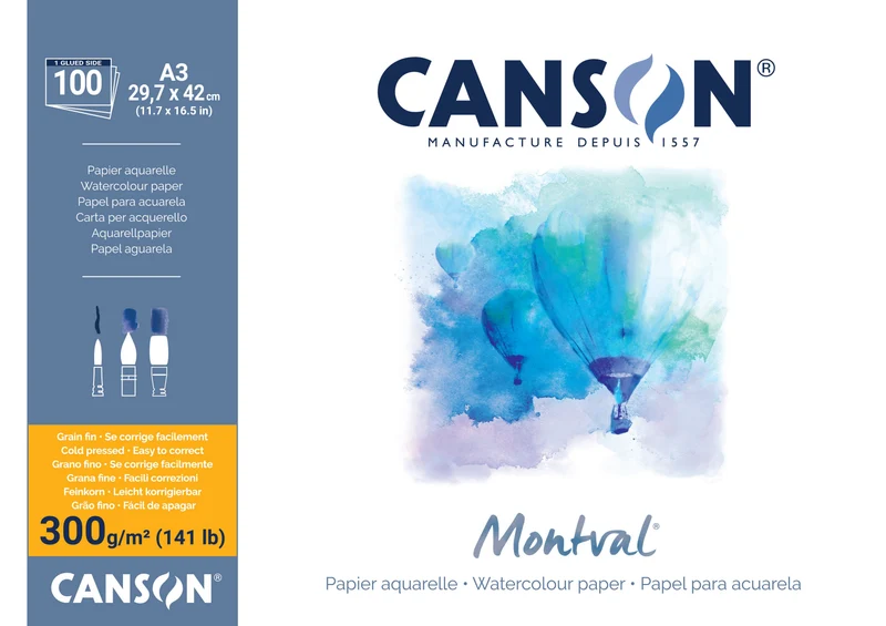 Akvarelni blok CANSON Montval CP 300 g/m² – A3, 100 listov, lepljen