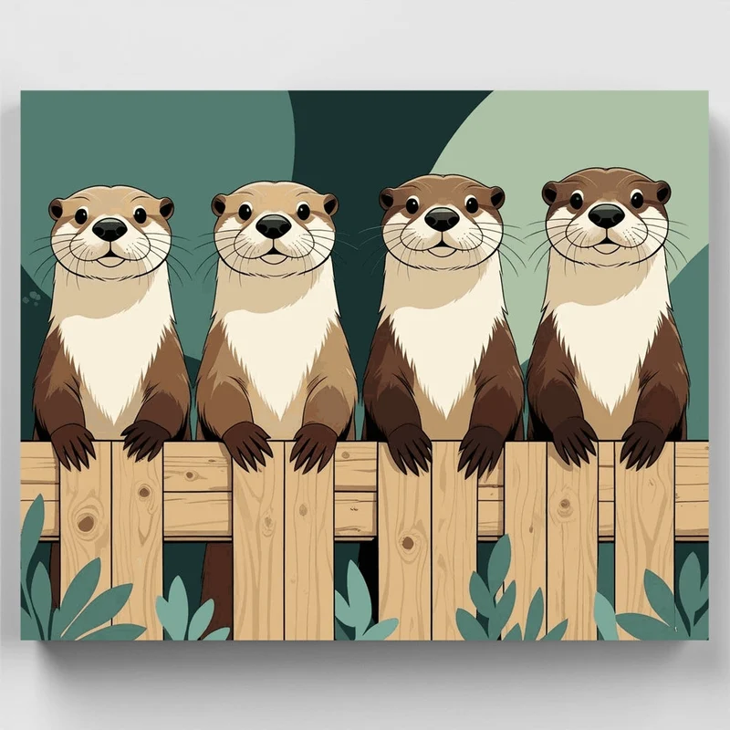 Four Adorable Otters on a Fence - Paint by Numbers Kit