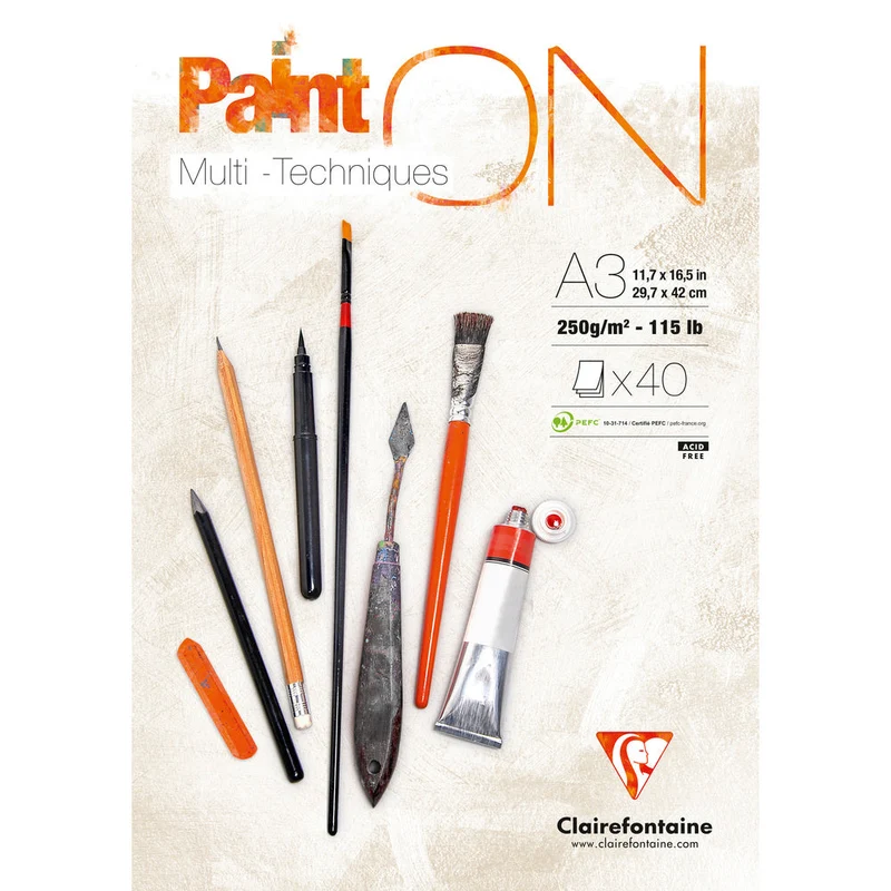 Залепен блок за смесени техники CLAIREFONTAINE Paint'On екстра бял 250 g/m² – 40 листа