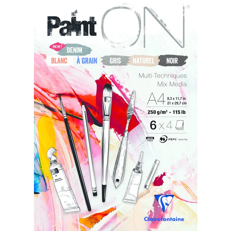CLAIREFONTAINE Paint'On blocco mix media n. 6 250 g/m² 24 fogli colori assortiti collato