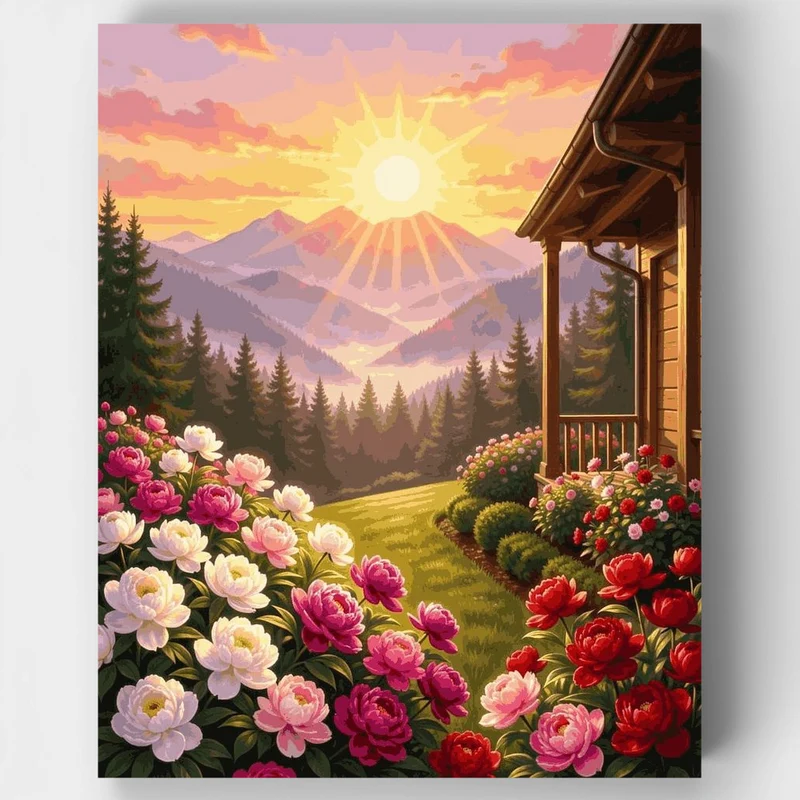 "Mountain Sunrise Cabin and Peony Garden DIY Paint by Number Kit" Paint by Numbers Kit