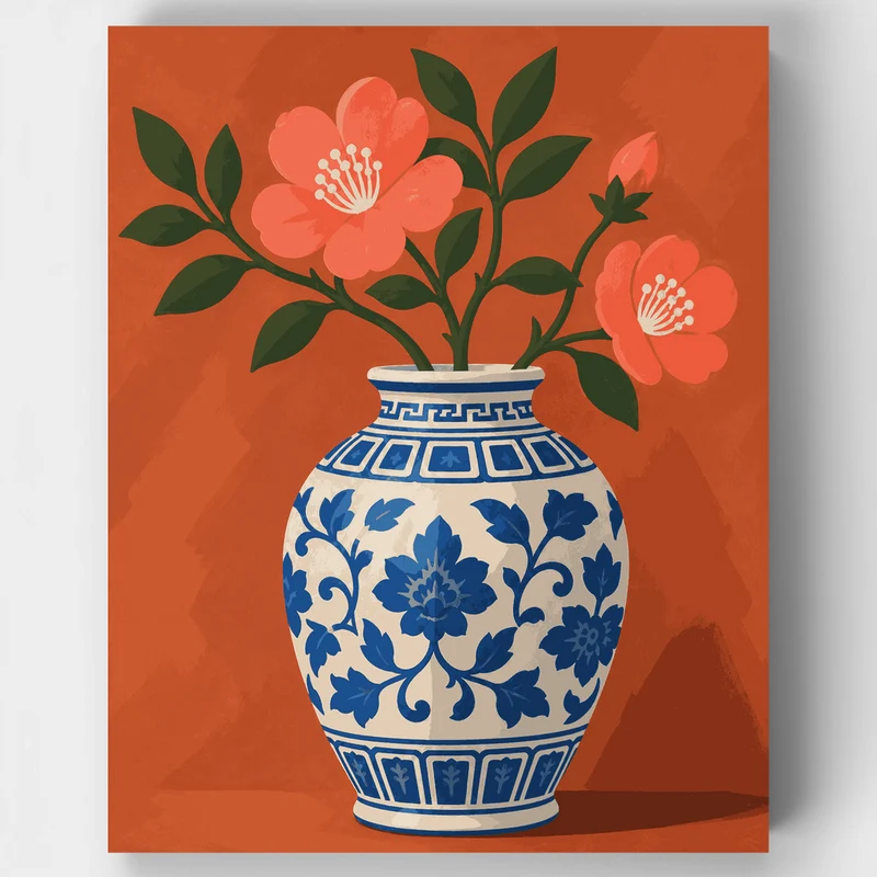 Coral Blossoms in Blue Jar - Paint by Numbers Kit