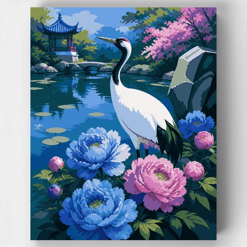 Crane Among Blue Peonies - Paint by Numbers Kit