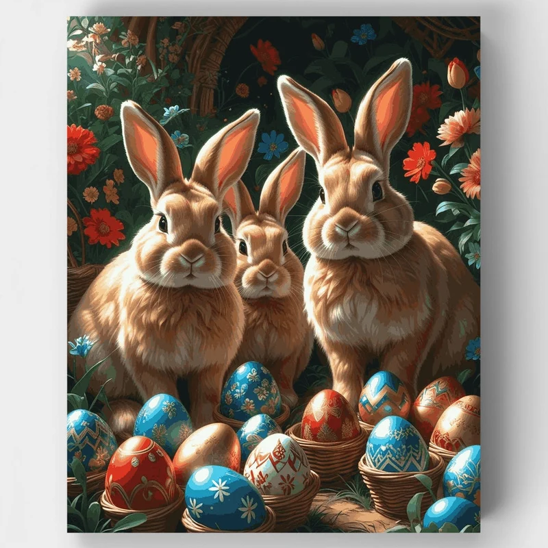 Easter Bunny Family with Decorated Eggs - Paint by Numbers Kit