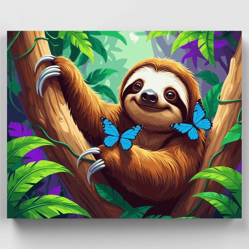 Sloth with Blue Butterflies - Paint by Numbers Kit