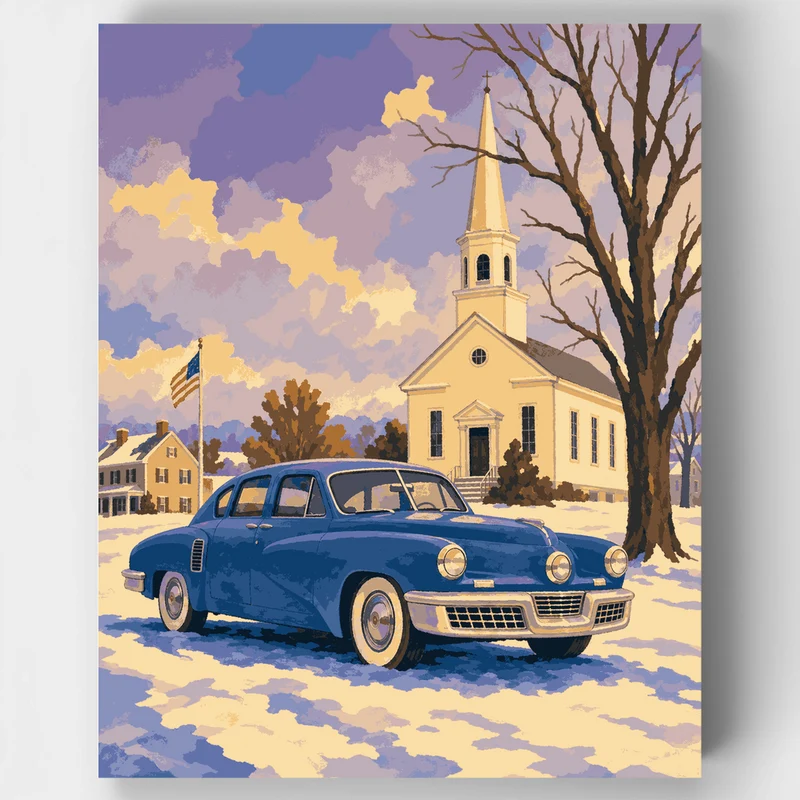 Winter Church with Classic Car - Paint by Numbers Kit