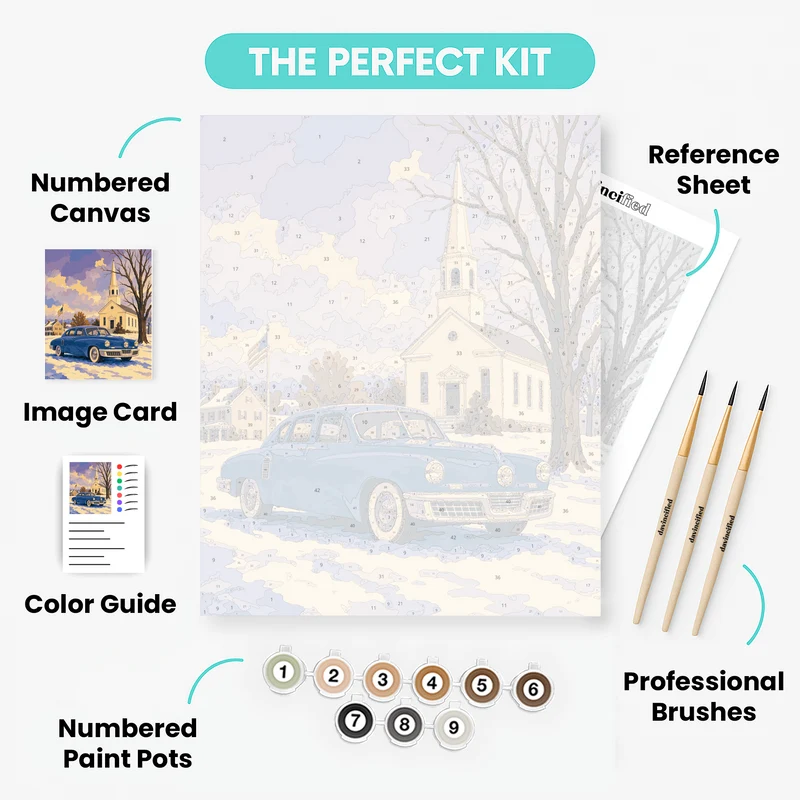 Winter Church with Classic Car - Paint by Numbers Kit