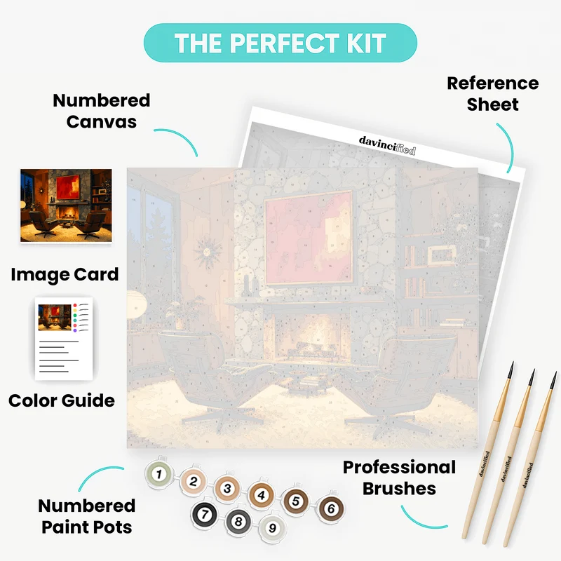 Mid-Century Modern Lounge by the Fire - Paint by Numbers Kit
