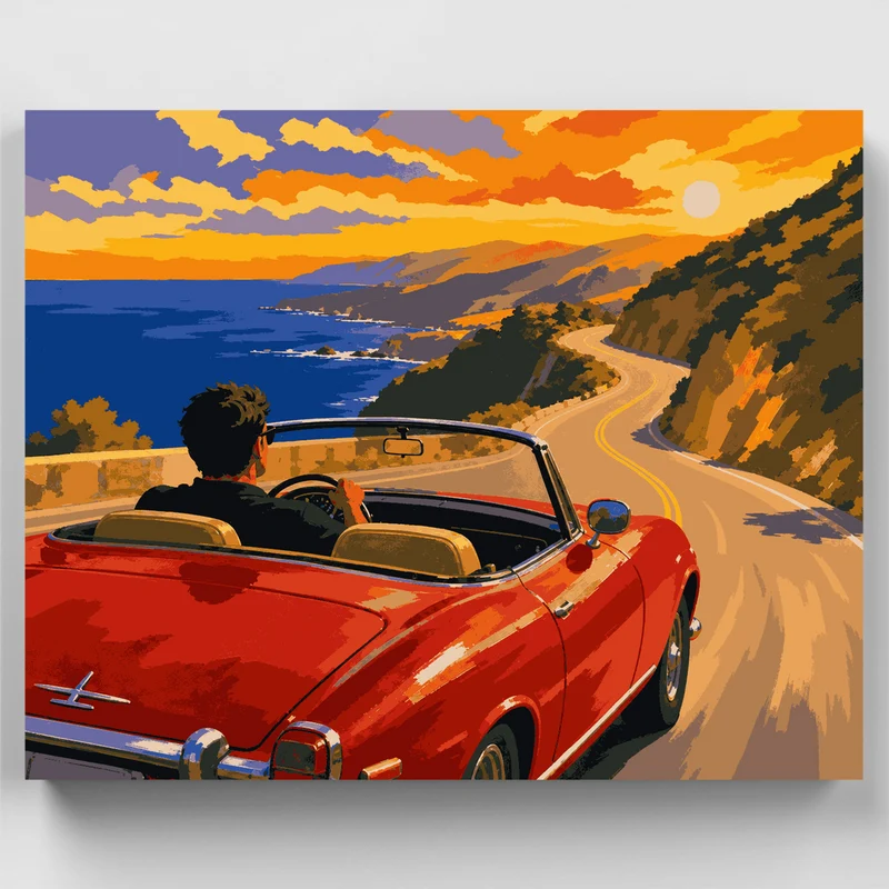 Red Convertible Coast Drive - Paint by Numbers Kit