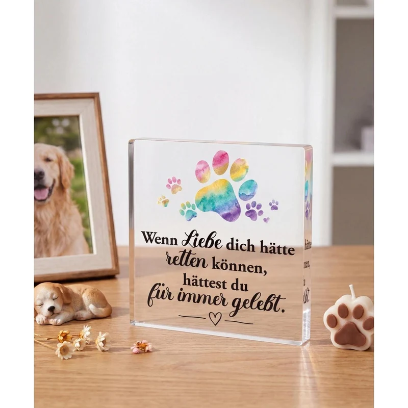 Acryl Gedenkbild für Hund – Pfote Regenbogen & Trauerbotschaft