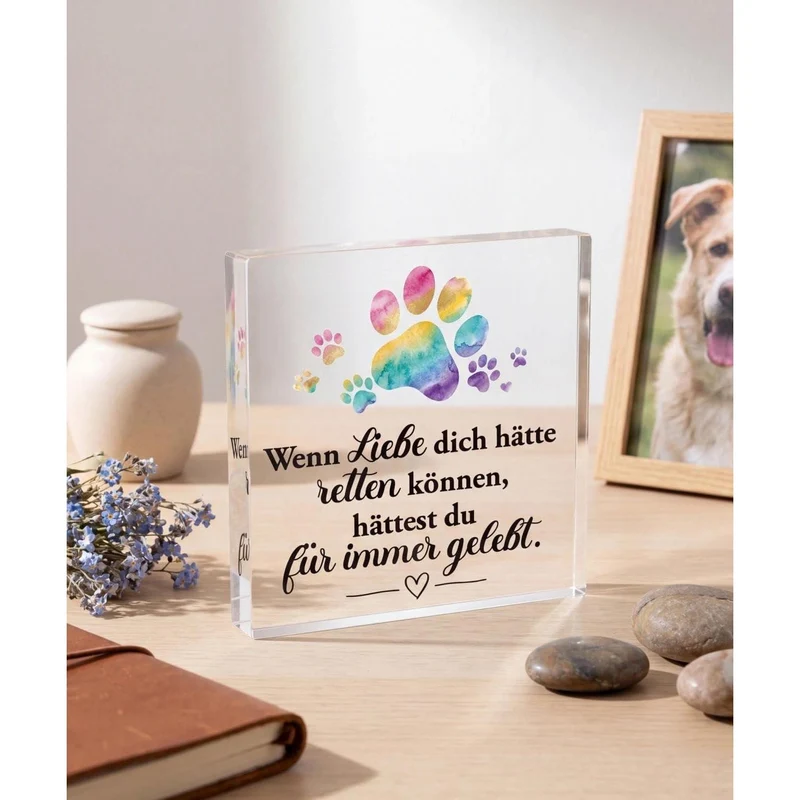 Acryl Gedenkbild für Hund – Pfote Regenbogen & Trauerbotschaft
