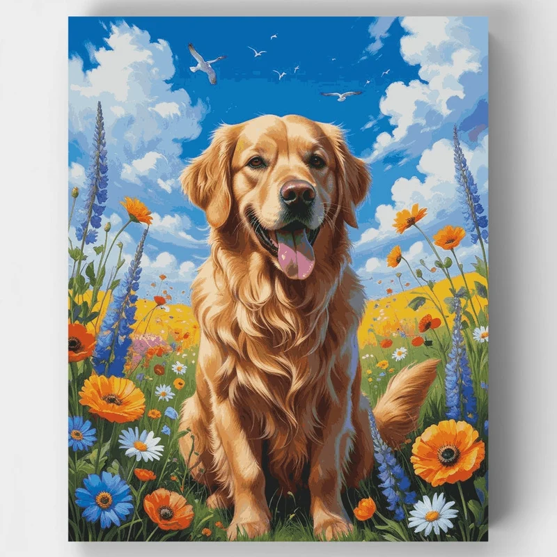 Happy Golden Retriever in Wildflower Meadow - Paint by Numbers Kit