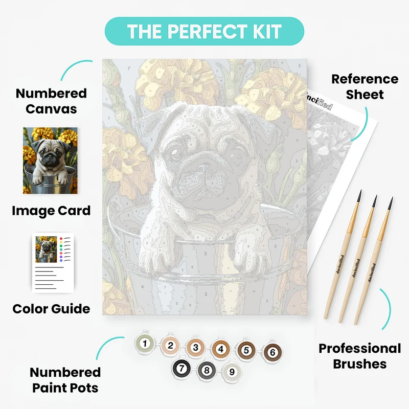 Cute Pug Puppy in a Bucket with Marigolds - Paint by Numbers Kit