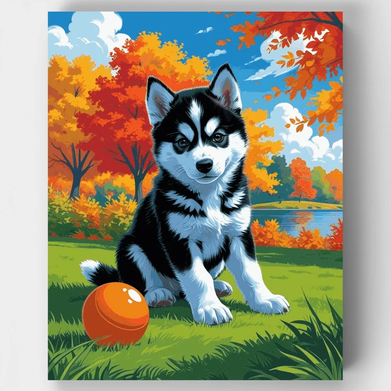 Husky Puppy in Autumn Park - Paint by Numbers Kit
