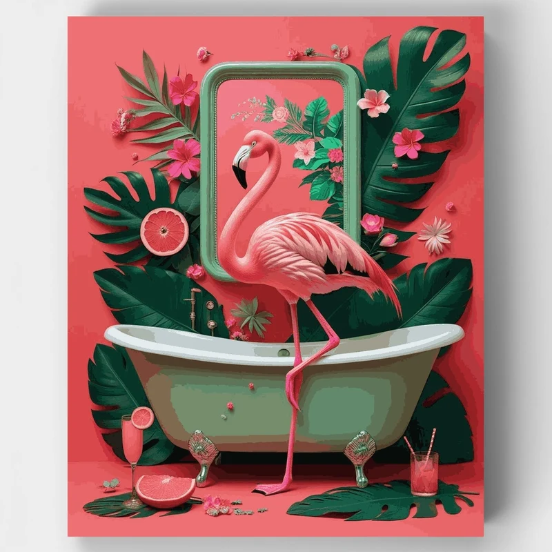 Flamingo in Tropical Bathroom - Paint by Numbers Kit