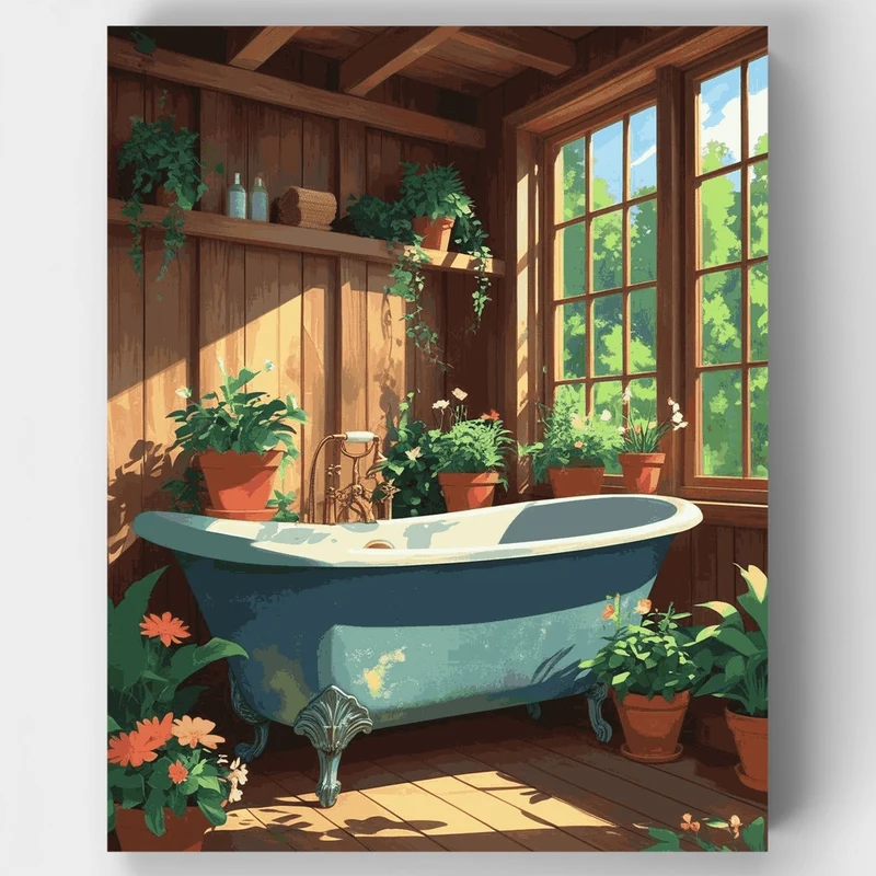 Rustic Bathroom Retreat with Clawfoot Tub and Plants - Paint by Numbers Kit