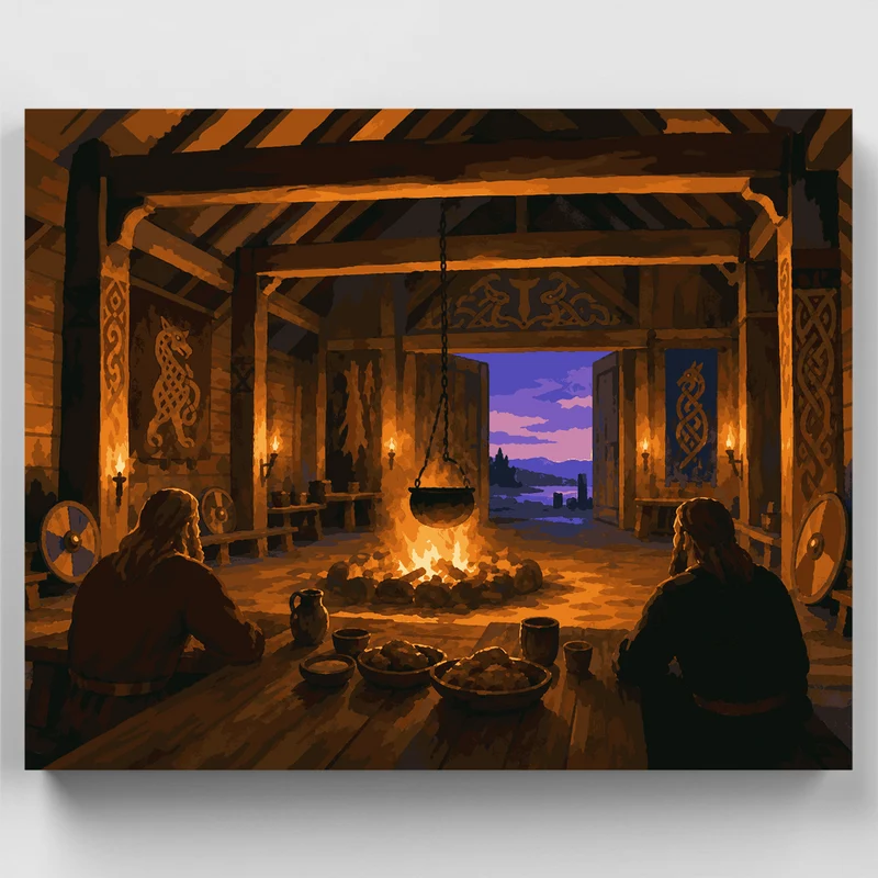 Viking Longhouse at Dusk - Paint by Numbers Kit