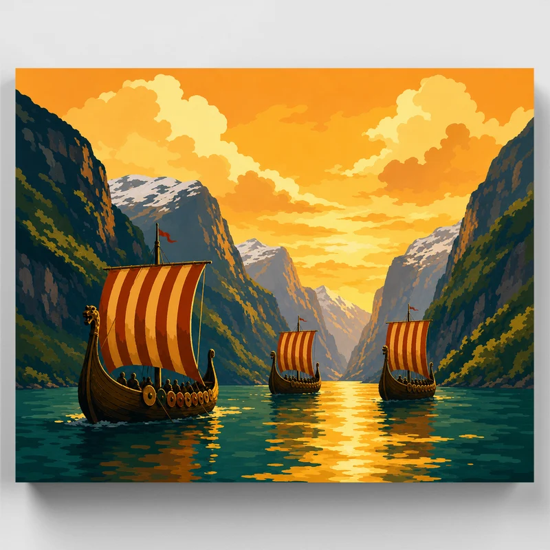 Viking Longships at Sunset Fjord - Paint by Numbers Kit