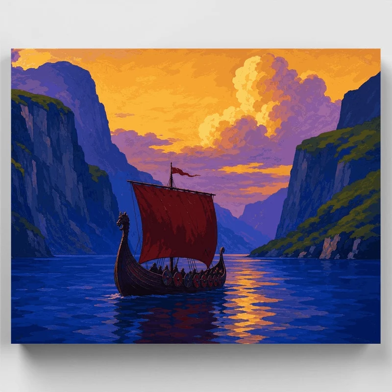 Viking Longship at Sunset in a Nordic Fjord - Paint by Numbers Kit