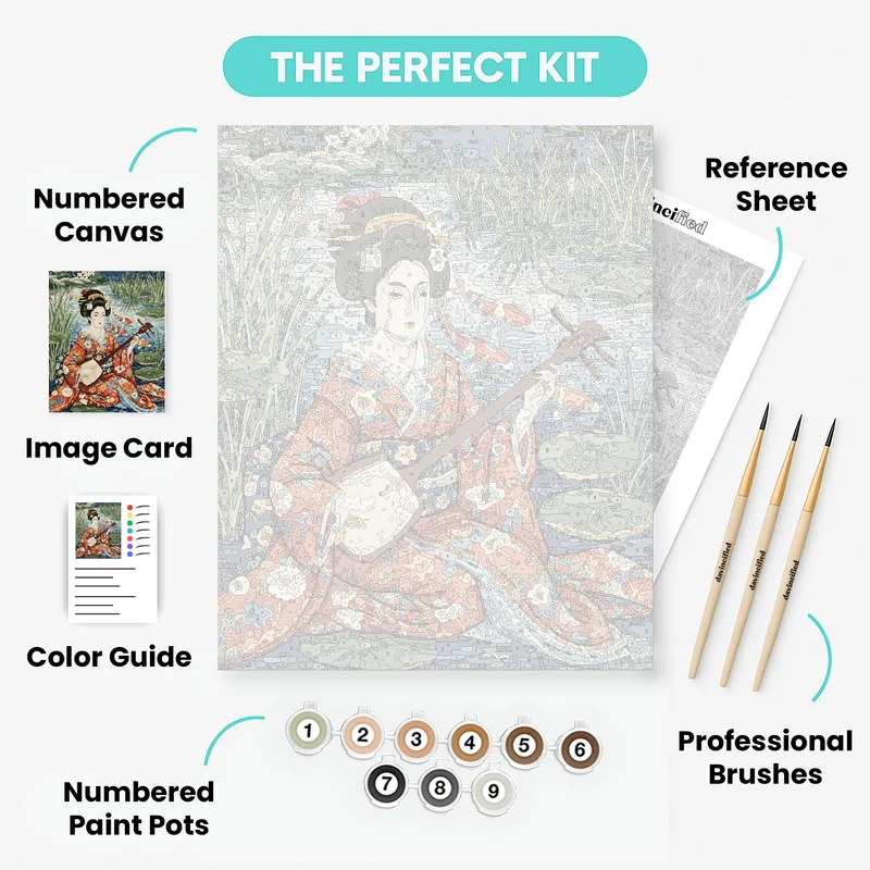 Geisha Playing Shamisen by the Koi Pond - Paint by Numbers Kit