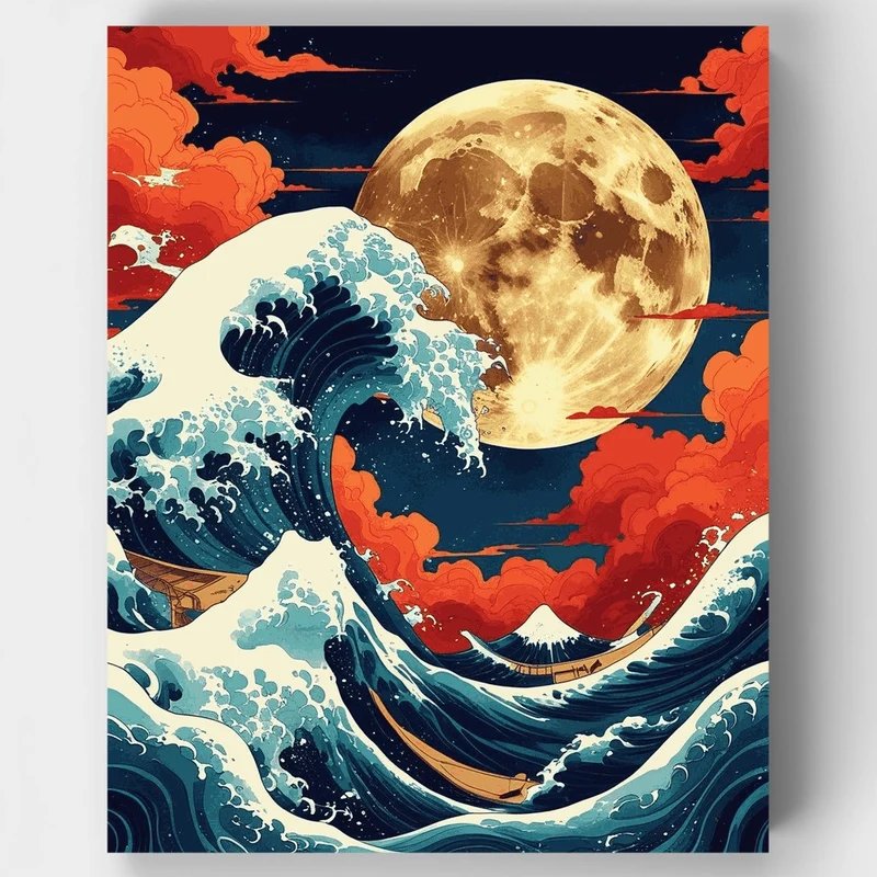 The Great Wave Under the Full Moon - Paint by Numbers Kit