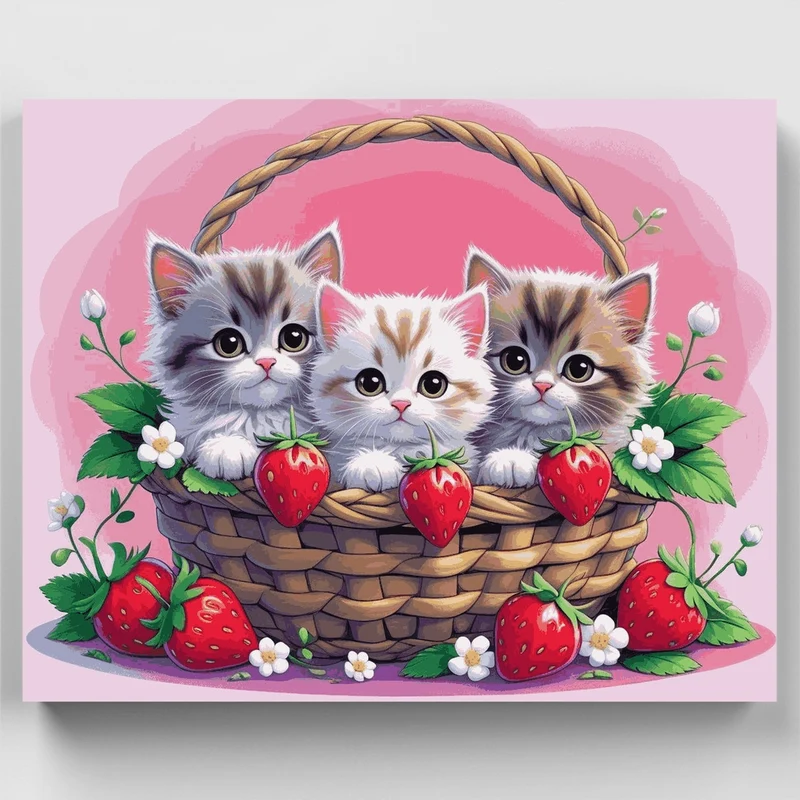 Three Kittens in a Strawberry Basket - Paint by Numbers Kit