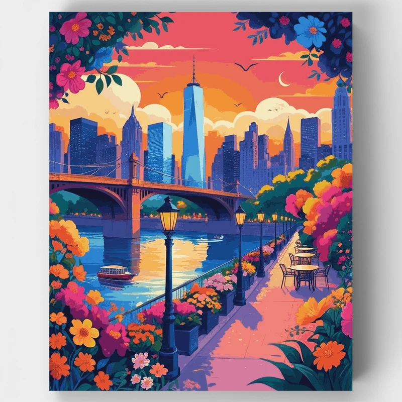 Manhattan Riverside Blooms at Sunset - Paint by Numbers Kit
