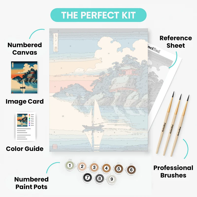 Serene Japanese Coastal Temple at Sunset - Paint by Numbers Kit