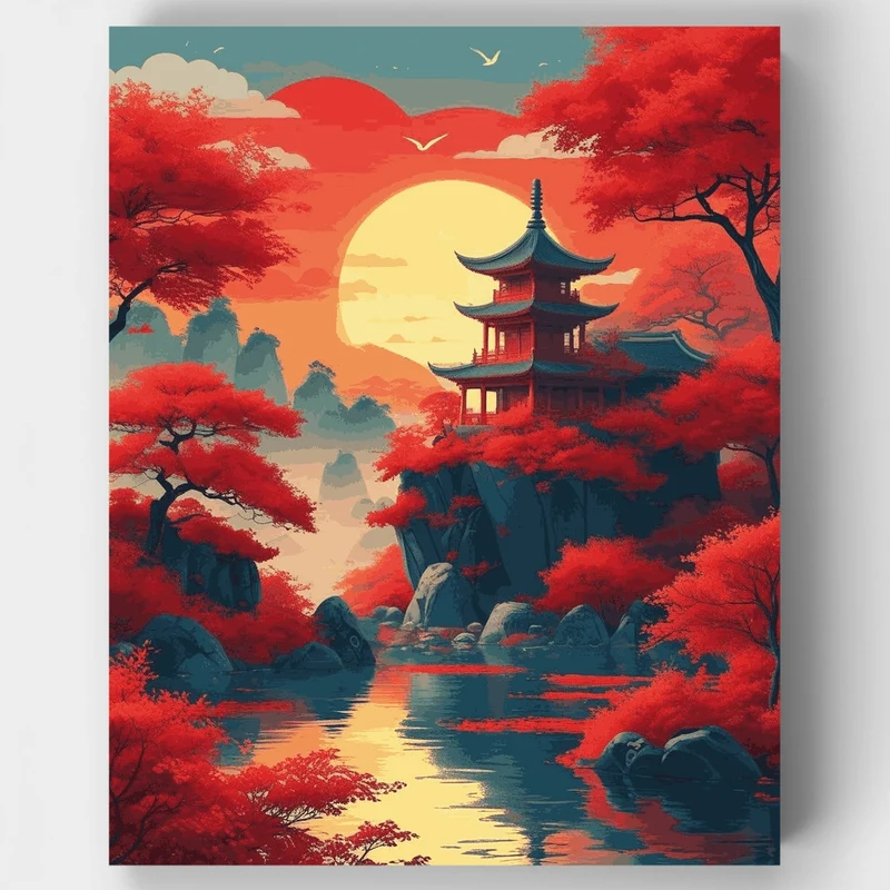 Crimson Pagoda at Sunset - Paint by Numbers Kit