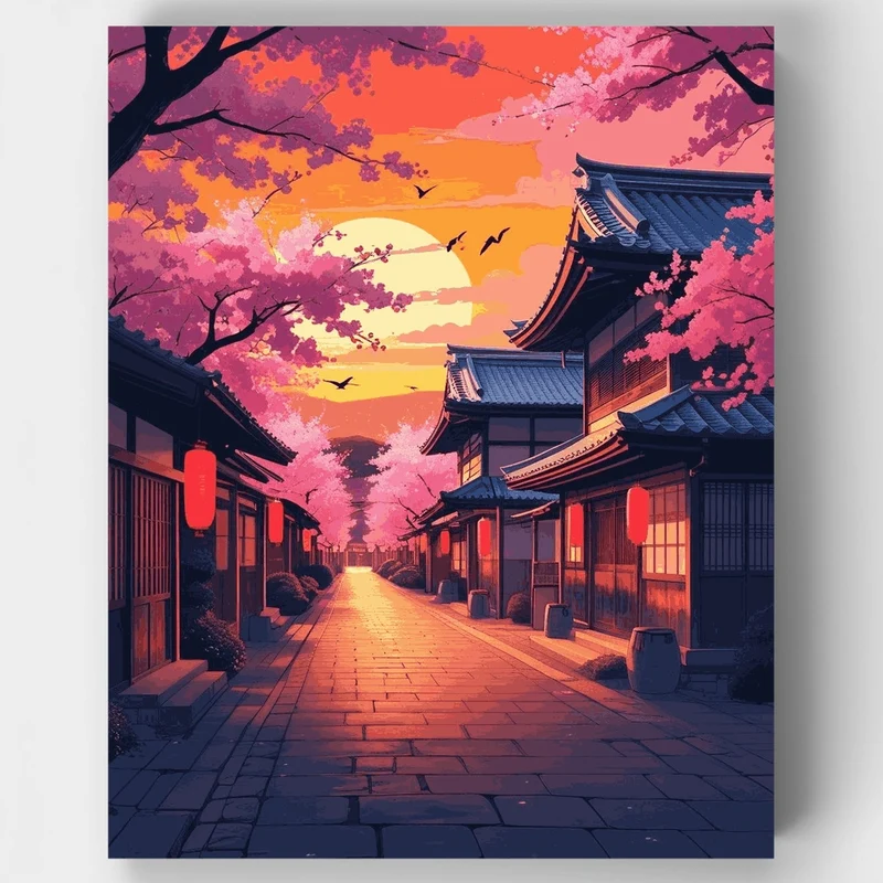 Japanese Village Street at Sunset - Paint by Numbers Kit