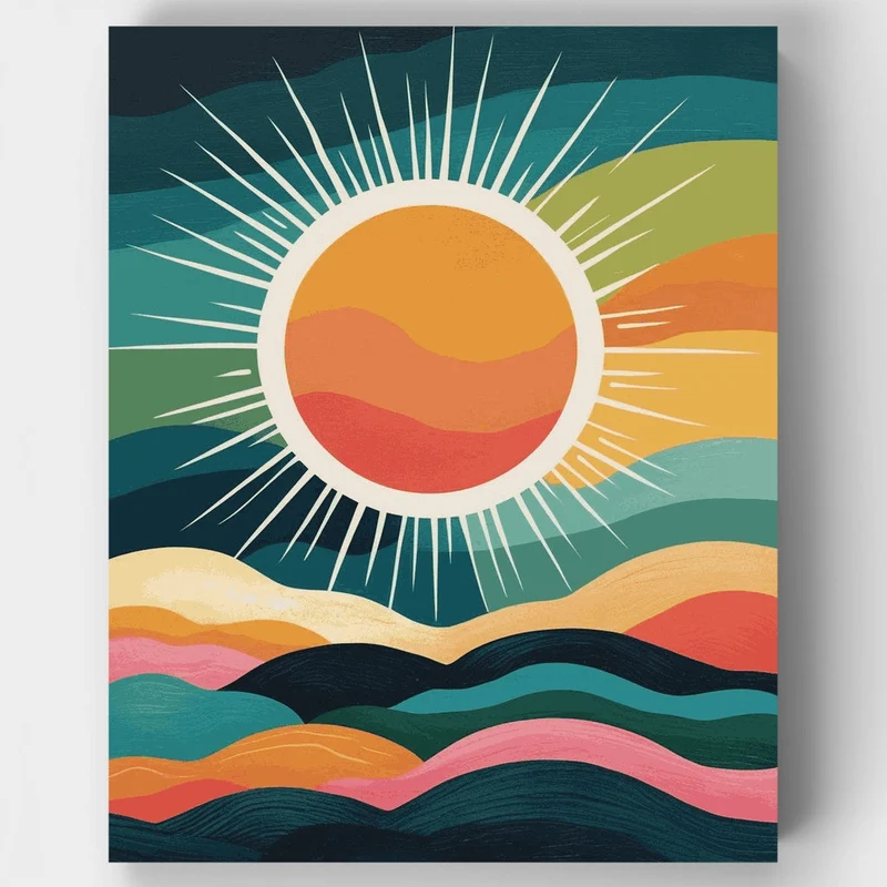 Colorful Sunrise Over Abstract Waves - Paint by Numbers Kit