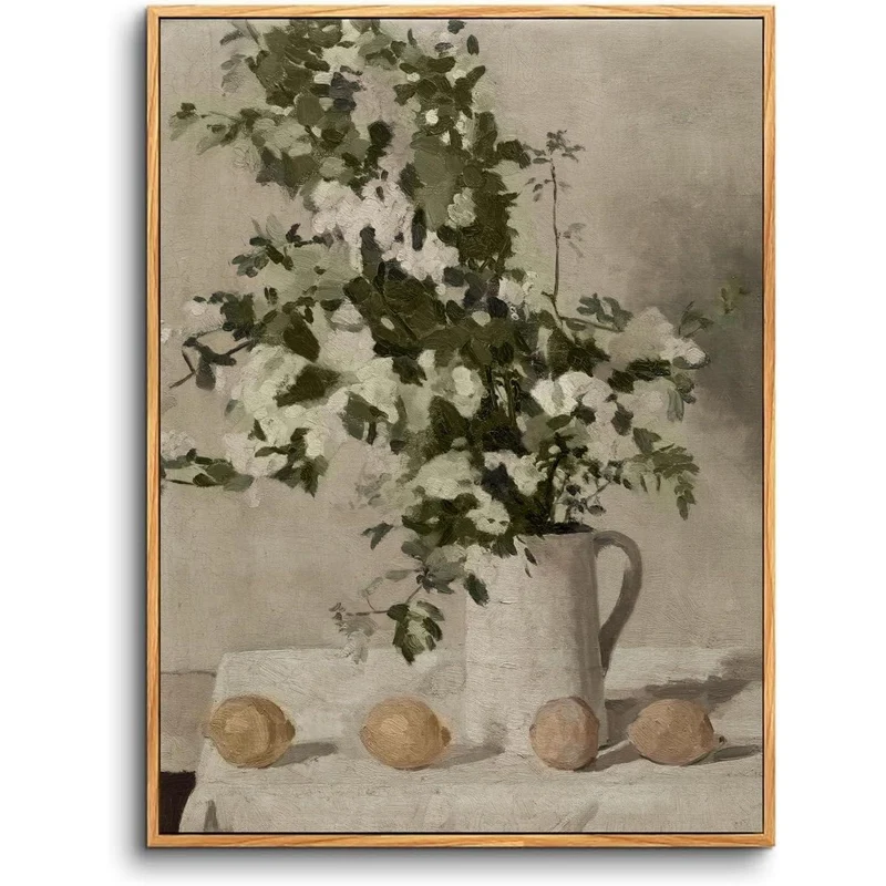 Vintage Leinwandbild mit Holzrahmen, Blumen & Zitronen