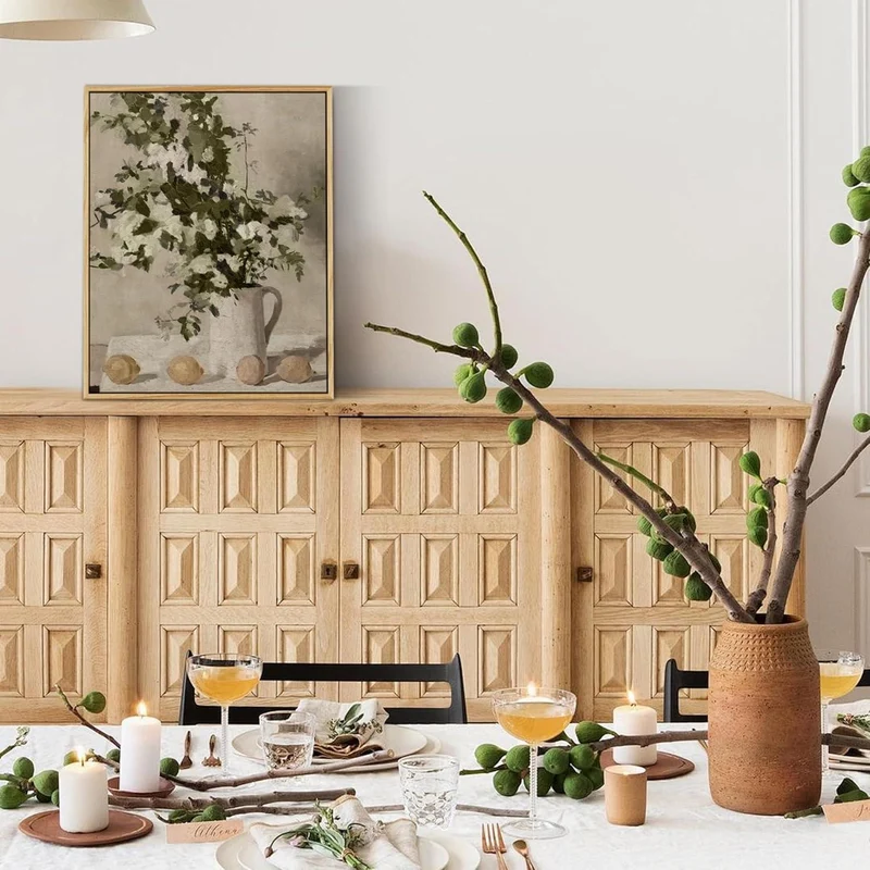 Vintage Leinwandbild mit Holzrahmen, Blumen & Zitronen