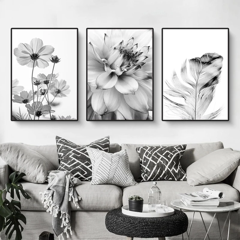 3er Poster Set Schwarz-Weiß Schmetterling Blume Wanddeko