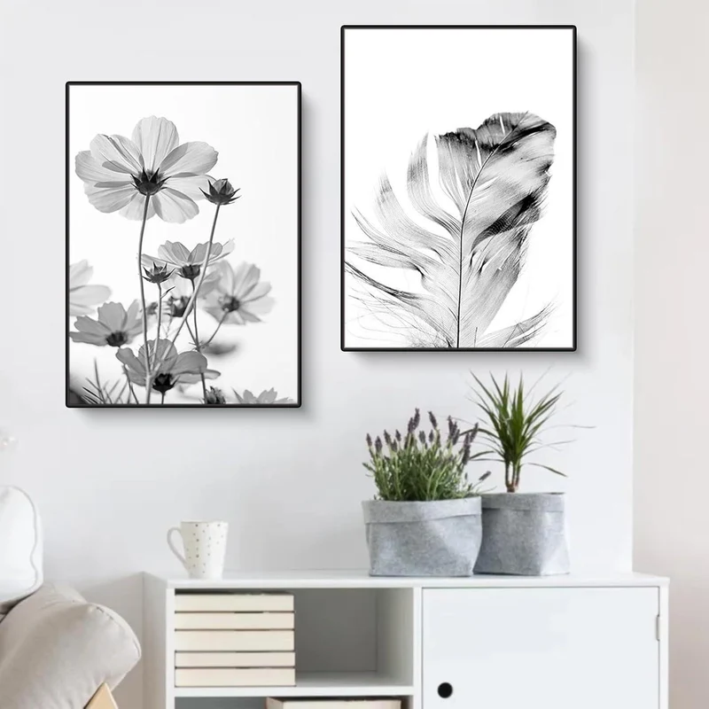 3er Poster Set Schwarz-Weiß Schmetterling Blume Wanddeko