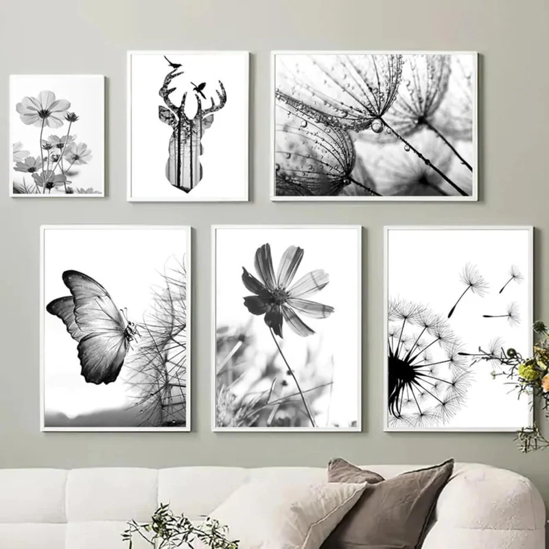 3er Poster Set Schwarz-Weiß Schmetterling Blume Wanddeko