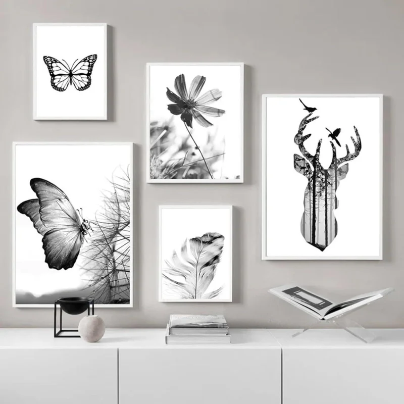 3er Poster Set Schwarz-Weiß Schmetterling Blume Wanddeko
