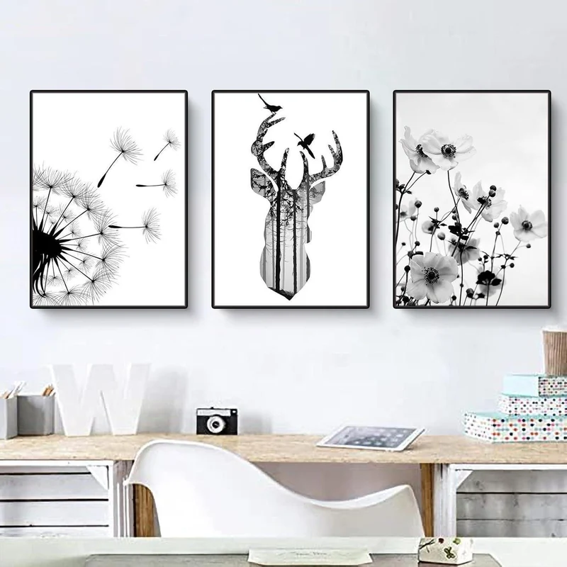 3er Poster Set Schwarz-Weiß Schmetterling Blume Wanddeko