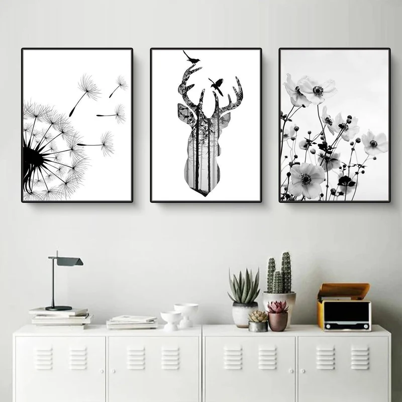 3er Poster Set Schwarz-Weiß Schmetterling Blume Wanddeko