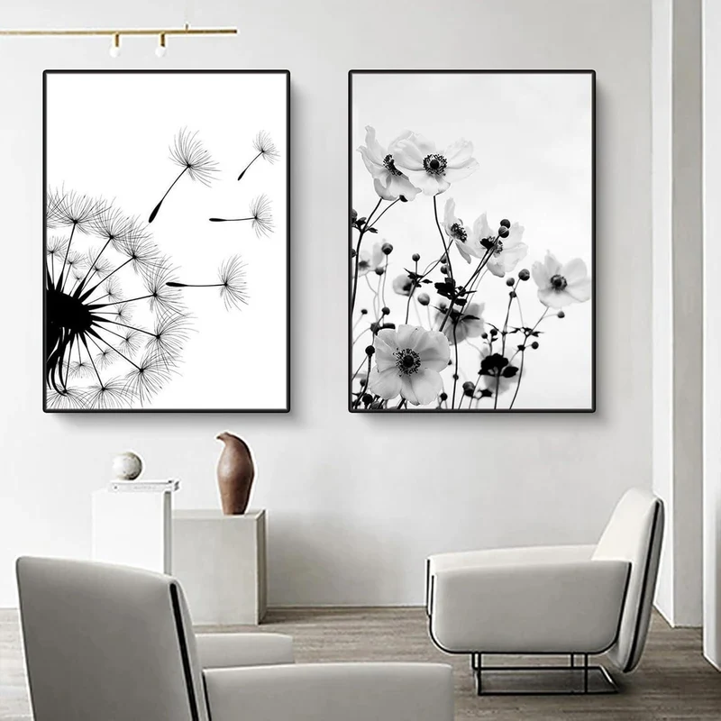 3er Poster Set Schwarz-Weiß Schmetterling Blume Wanddeko