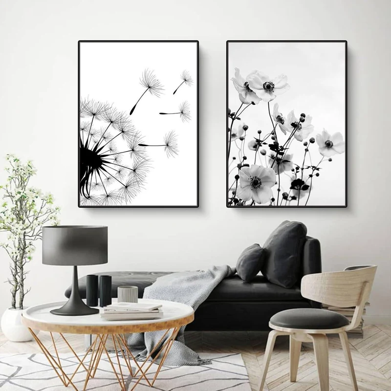 3er Poster Set Schwarz-Weiß Schmetterling Blume Wanddeko