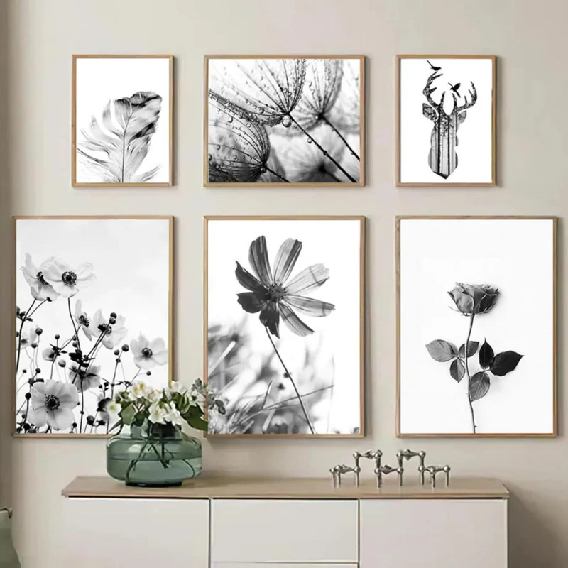 3er Poster Set Schwarz-Weiß Schmetterling Blume Wanddeko