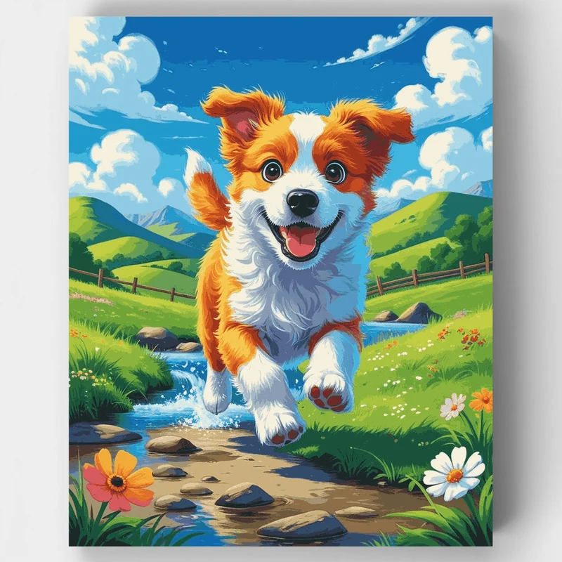 Joyful Puppy Running Through a Meadow Stream - Paint by Numbers Kit