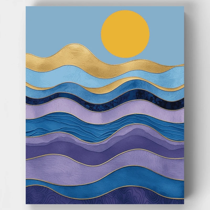 Golden Sun Over Abstract Ocean Waves - Paint by Numbers Kit