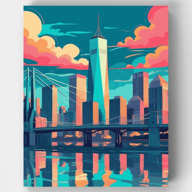 Manhattan Skyline with Bridge Reflections - Paint by Numbers Kit