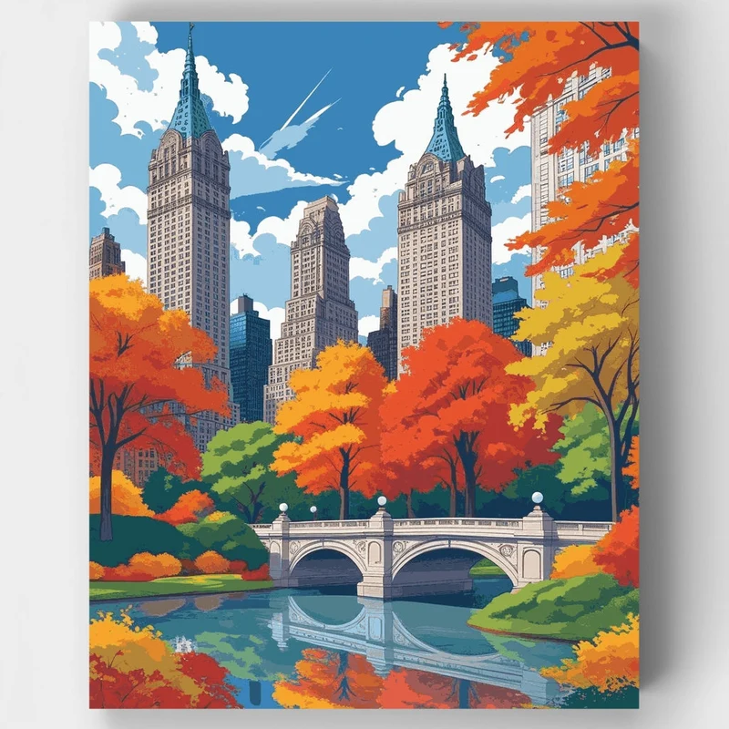 Central Park Bow Bridge in Autumn, Manhattan - Paint by Numbers Kit